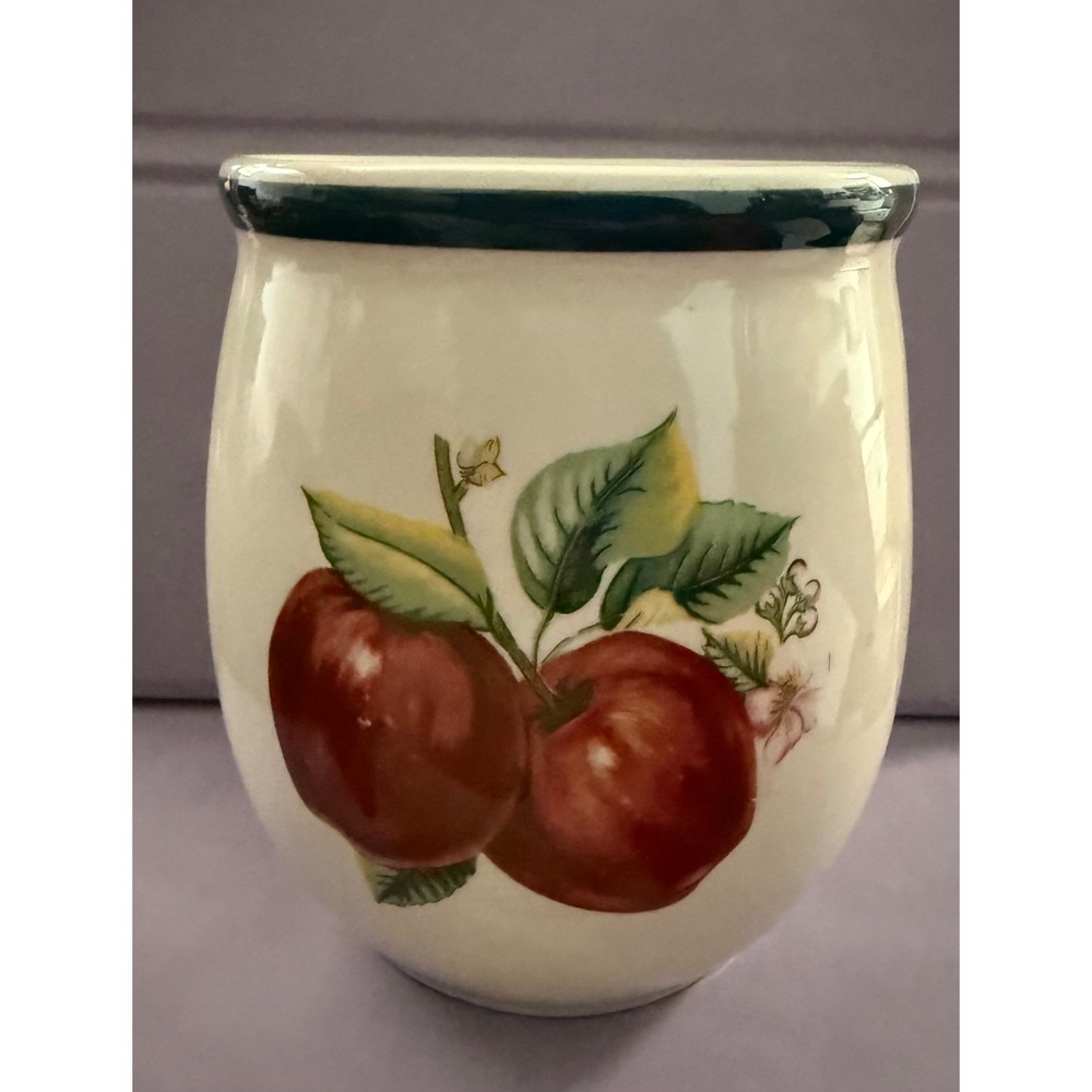 Casuals Apple Ceramic Utensil Holder Crock Cream Green Rim 6 Inch